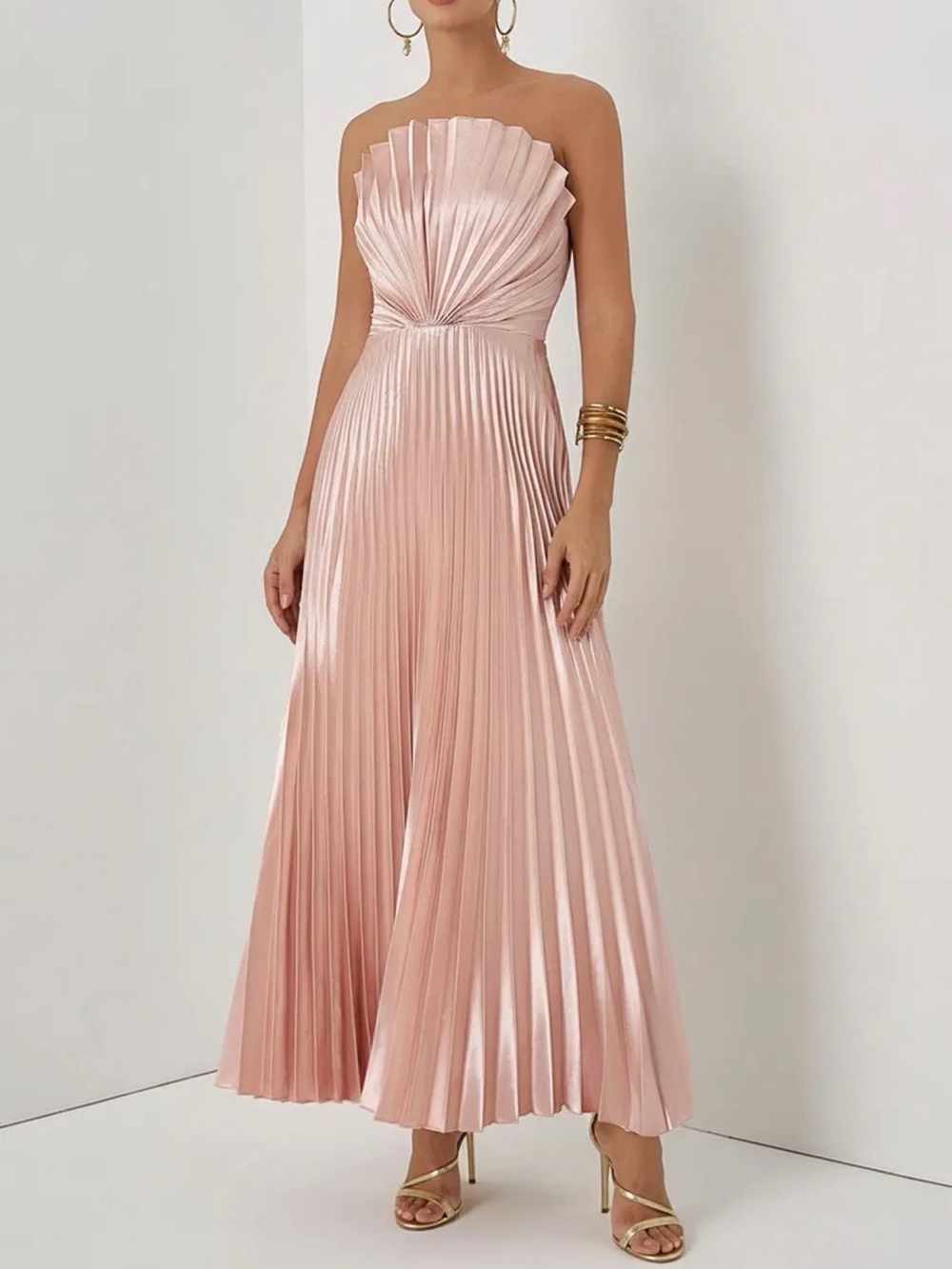 NWT Fehaute Size US6 Rose Gold Pleated Satin Strapless Sleeveless A-Line Midi